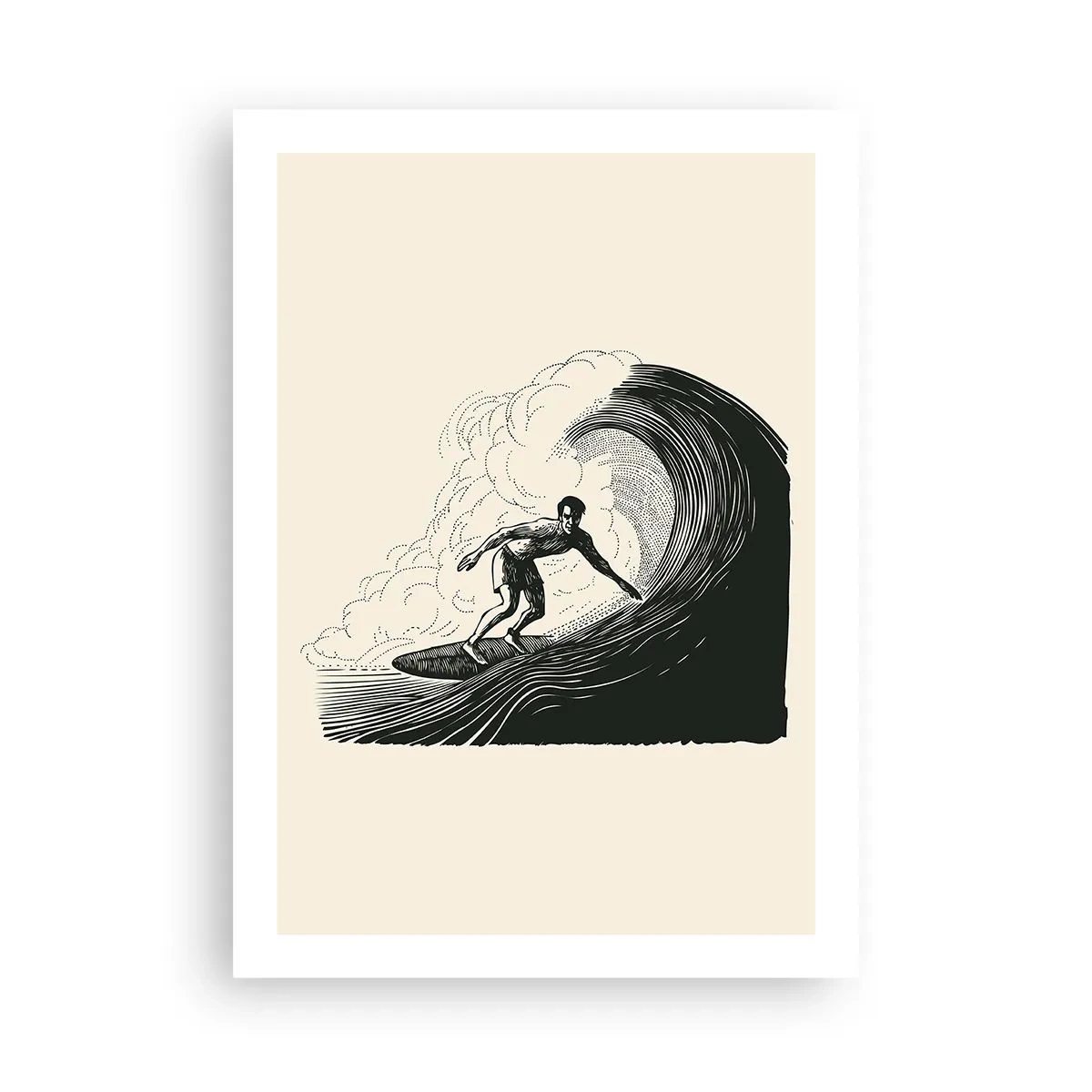 Plakat - Grafika surfera na fali w stylu retro, czarno-kremowa kompozycja - 50x70cm - Król fali - Nowoczesna dekoracja ścienna do salonu, kuchni i sypialni ARTTOR