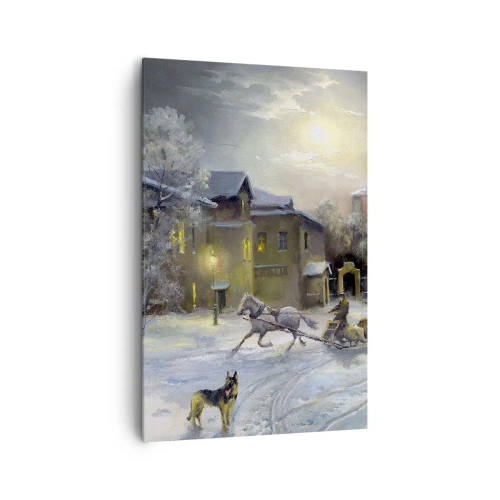 Obraz na płótnie - Zimowy krajobraz w rosyjskim miasteczku z saniami i kościołem - 80x120cm - Magia rosyjskiej zimy - Nowoczesna dekoracja ścienna do salonu i sypialni ARTTOR