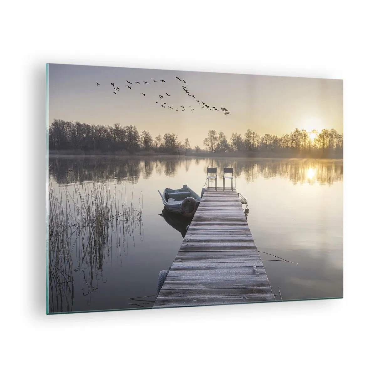 Obraz na szkle - Poranek nad jeziorem z pomostem - 70x50cm - Wrócę za jakiś czas - Nowoczesna dekoracja ścienna do salonu i sypialni ARTTOR