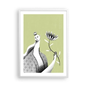 Plakat w białej ramie - Portret modernistyczny – trzymająca kwiat - 50x70 cm