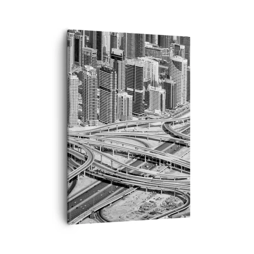 Obraz na płótnie - Panorama Dubaju z wieżowcami i siecią autostrad w czarno-białym ujęciu - 50x70cm - Dubaj – miasto niemożliwe - Nowoczesna dekoracja ścienna do salonu, kuchni i sypialni ARTTOR