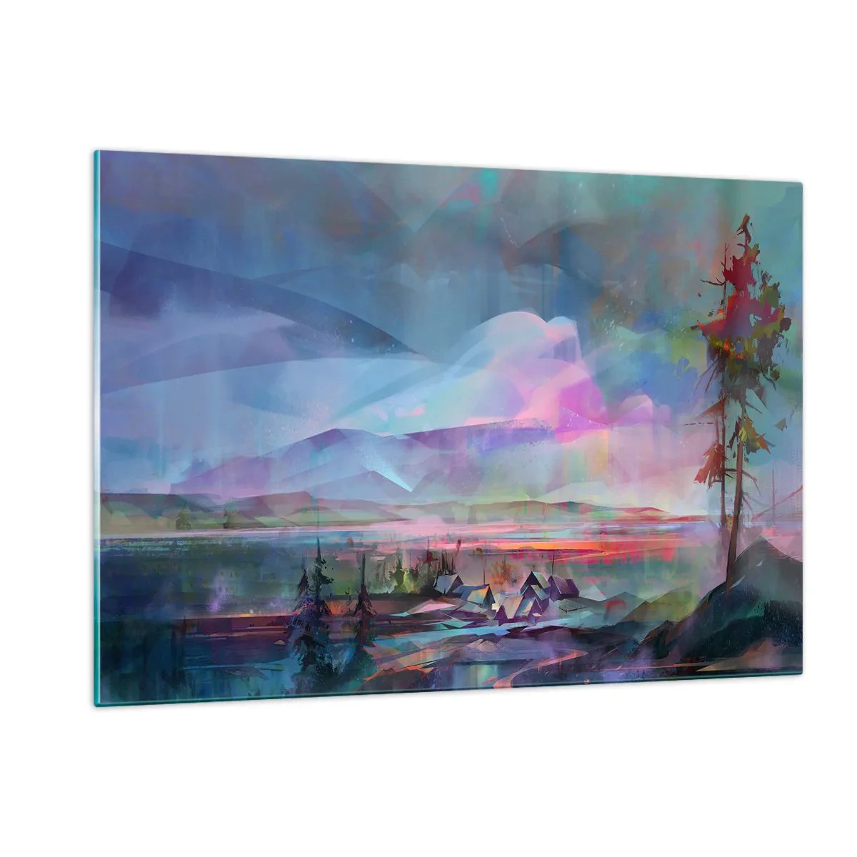 Obraz na szkle - Kolorowy pejzaż z górami i chatkami w surrealistycznym stylu - 120x80cm - Pod życzliwym niebem - Nowoczesna dekoracja ścienna do salonu, kuchni i sypialni ARTTOR
