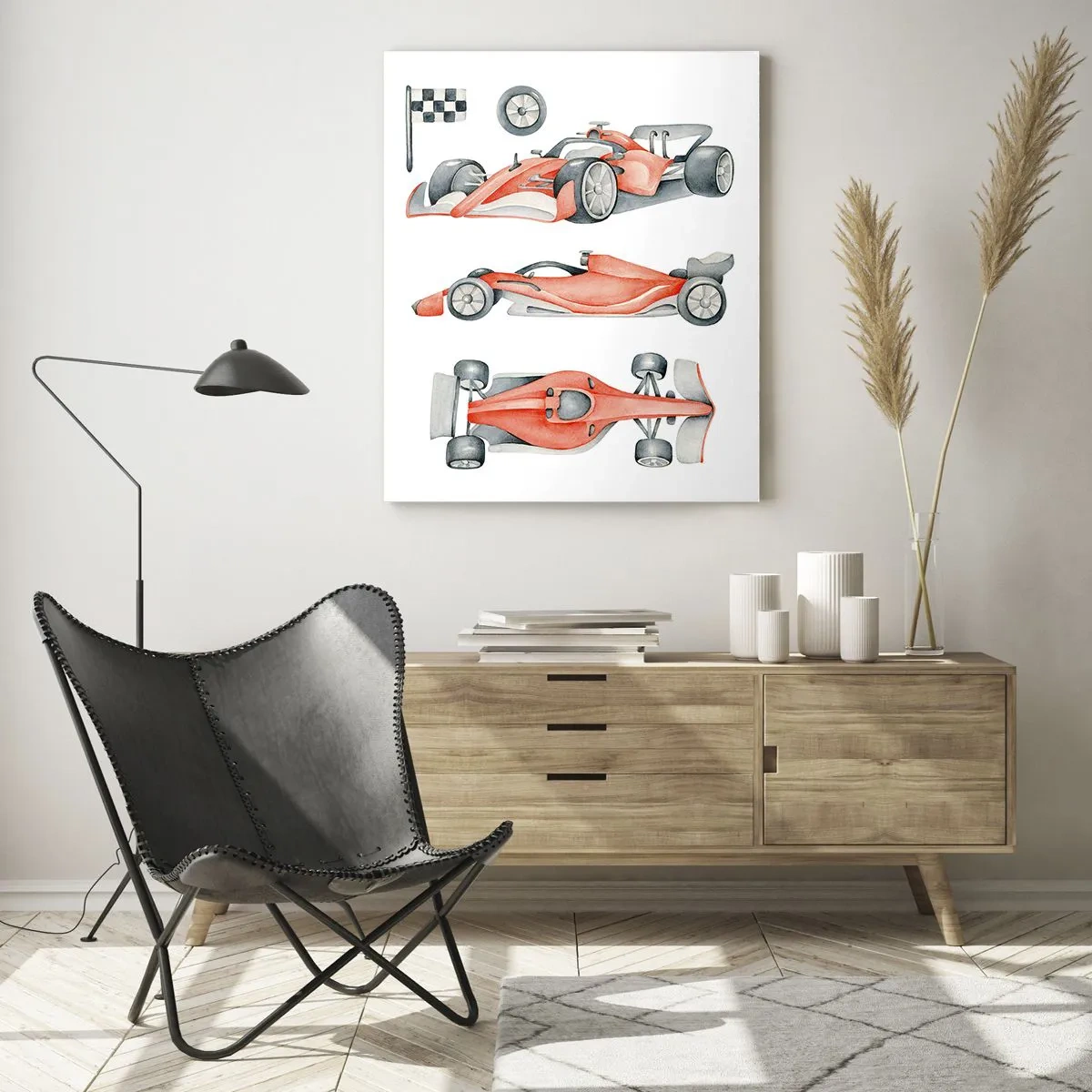 Obraz na szkle - Ilustracja czerwonego bolidu w trzech ujęciach z flagą wyścigową - 50x70cm - Doścignąć marzenie - Nowoczesna dekoracja ścienna do salonu, kuchni i sypialni ARTTOR