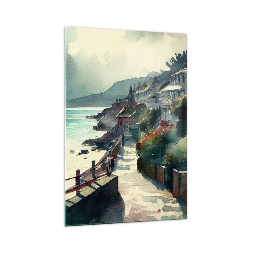 Obraz na szkle - Nadmorska promenada z domami i roślinnością - 70x100cm - Śródziemnomorskie miasteczko - Nowoczesna dekoracja ścienna do salonu i sypialni ARTTOR