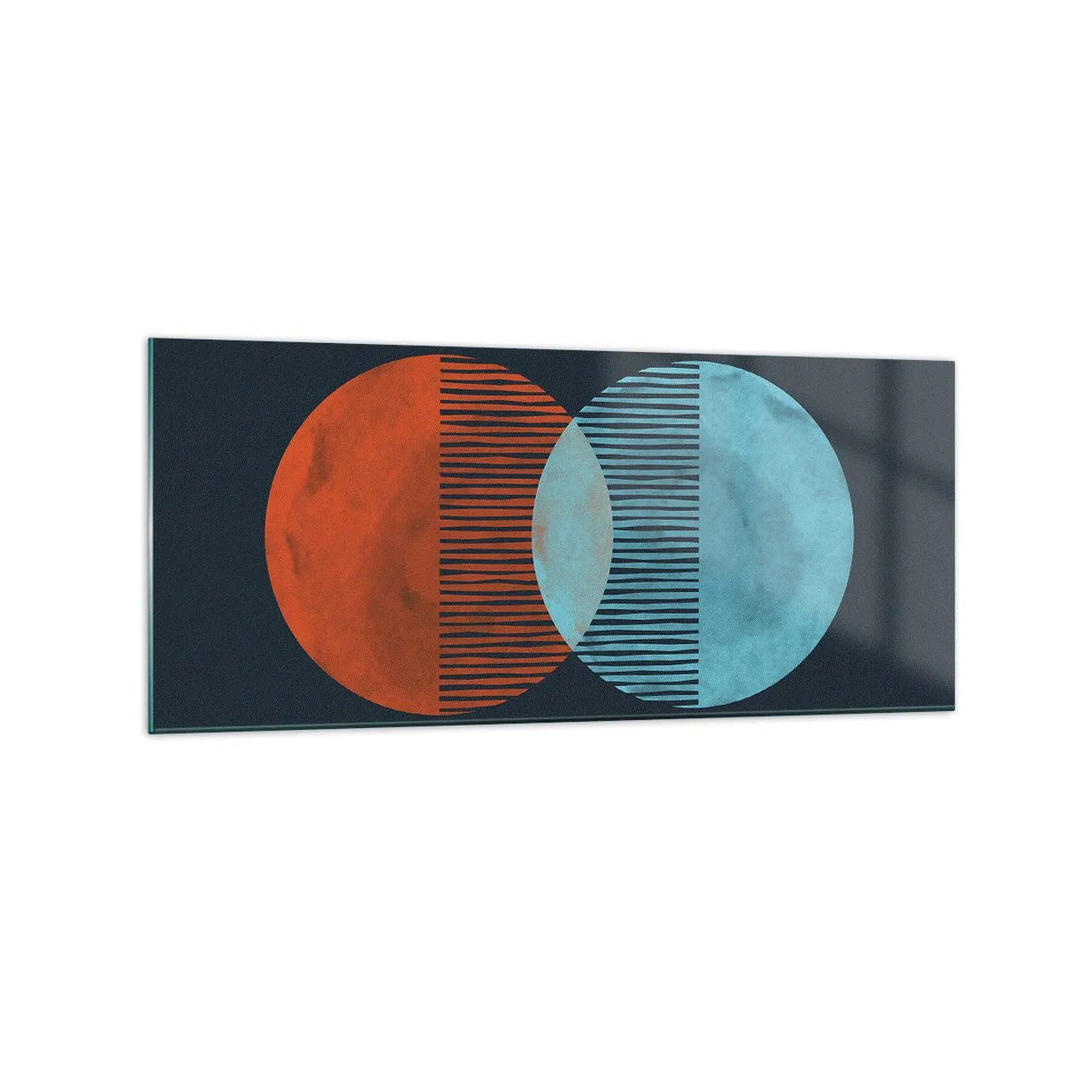 Obraz na szkle - Dwa koła w kolorze pomarańczowym i niebieskim na ciemnym tle - 120x50cm - Astronomiczna fantazja - Nowoczesna dekoracja ścienna do salonu i sypialni ARTTOR
