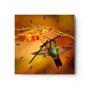 Zegar ścienny - Koliber przy kwiecie w ciepłym świetle - 30x30cm - Posłaniec światła wg Majów - Nowoczesna dekoracja ścienna do salonu i sypialni ARTTOR