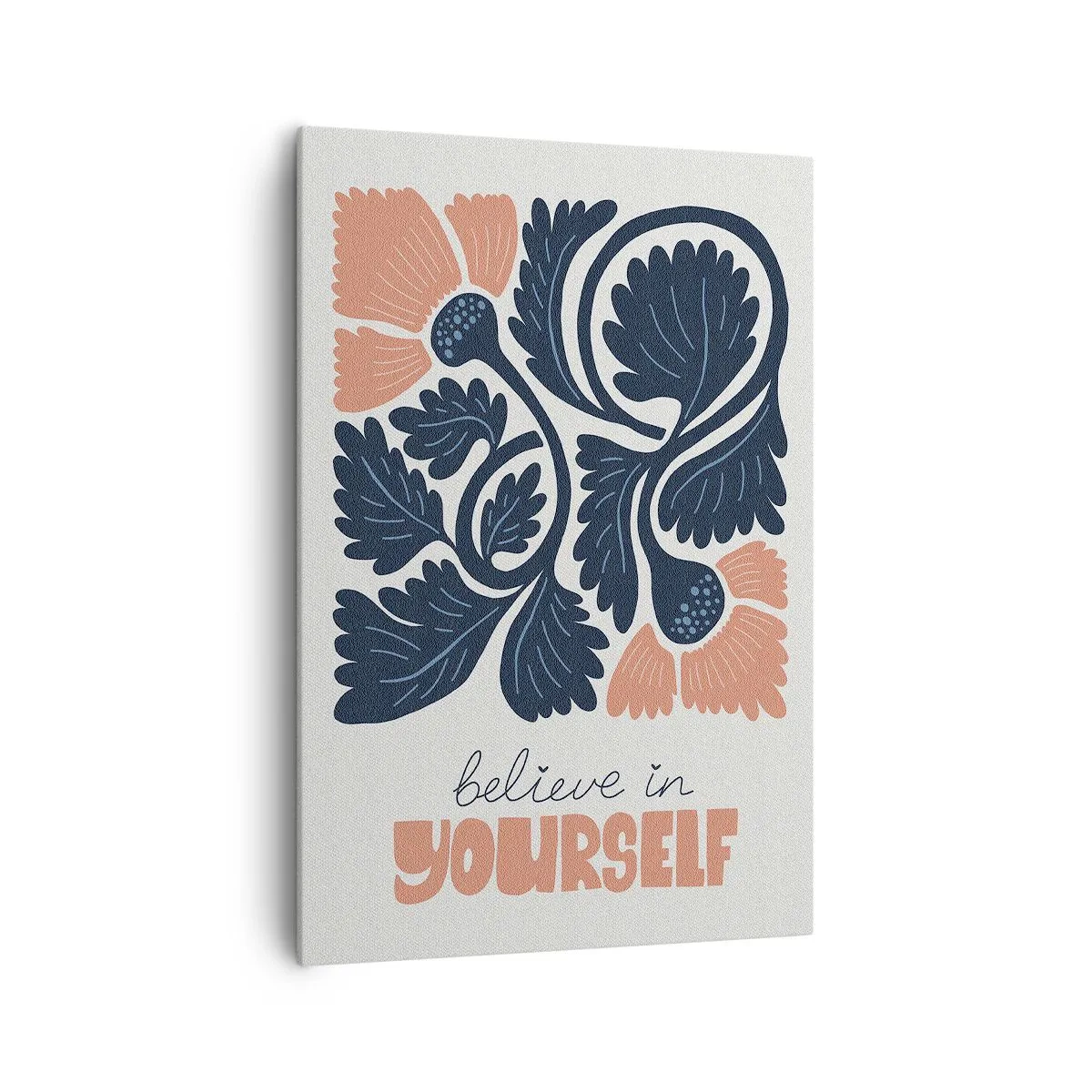 Obraz na płótnie - Stylizowane kwiaty w granatowo-pomarańczowych barwach z inspirującym napisem - 70x100cm - I ty rozkwitaj - Nowoczesna dekoracja ścienna do salonu i sypialni ARTTOR