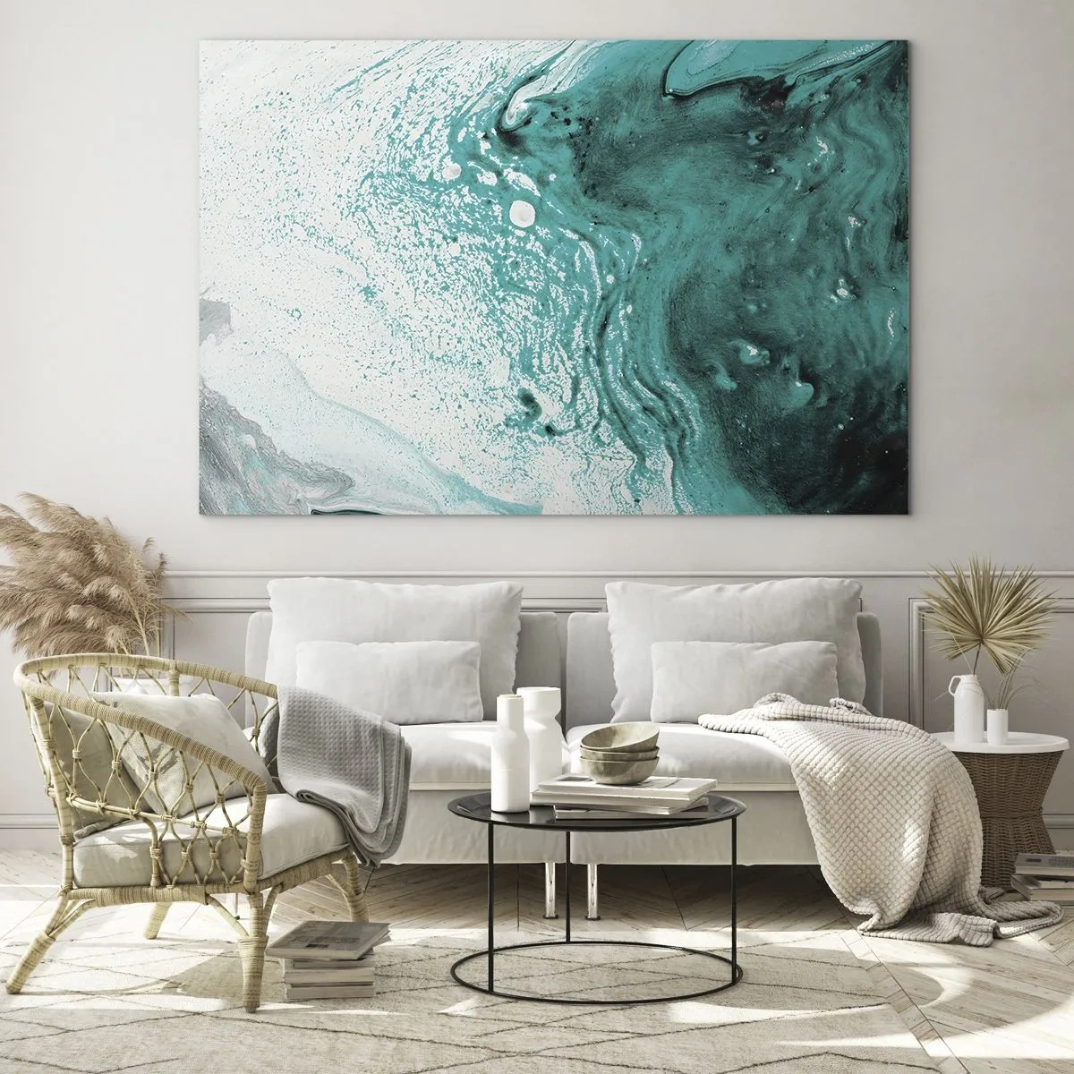 Obraz na szkle - Abstrakcyjny obraz w odcieniach bieli i turkusu - 70x50cm - Rozpłynąć się w bieli i turkusie - Nowoczesna dekoracja ścienna do salonu i sypialni ARTTOR