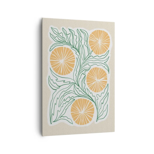 Obraz na płótnie - Minimalistyczny motyw pomarańczy z zielonymi liśćmi - 70x100cm - Etnicznie z nutą abstrakcji - Nowoczesna dekoracja ścienna do salonu i sypialni ARTTOR