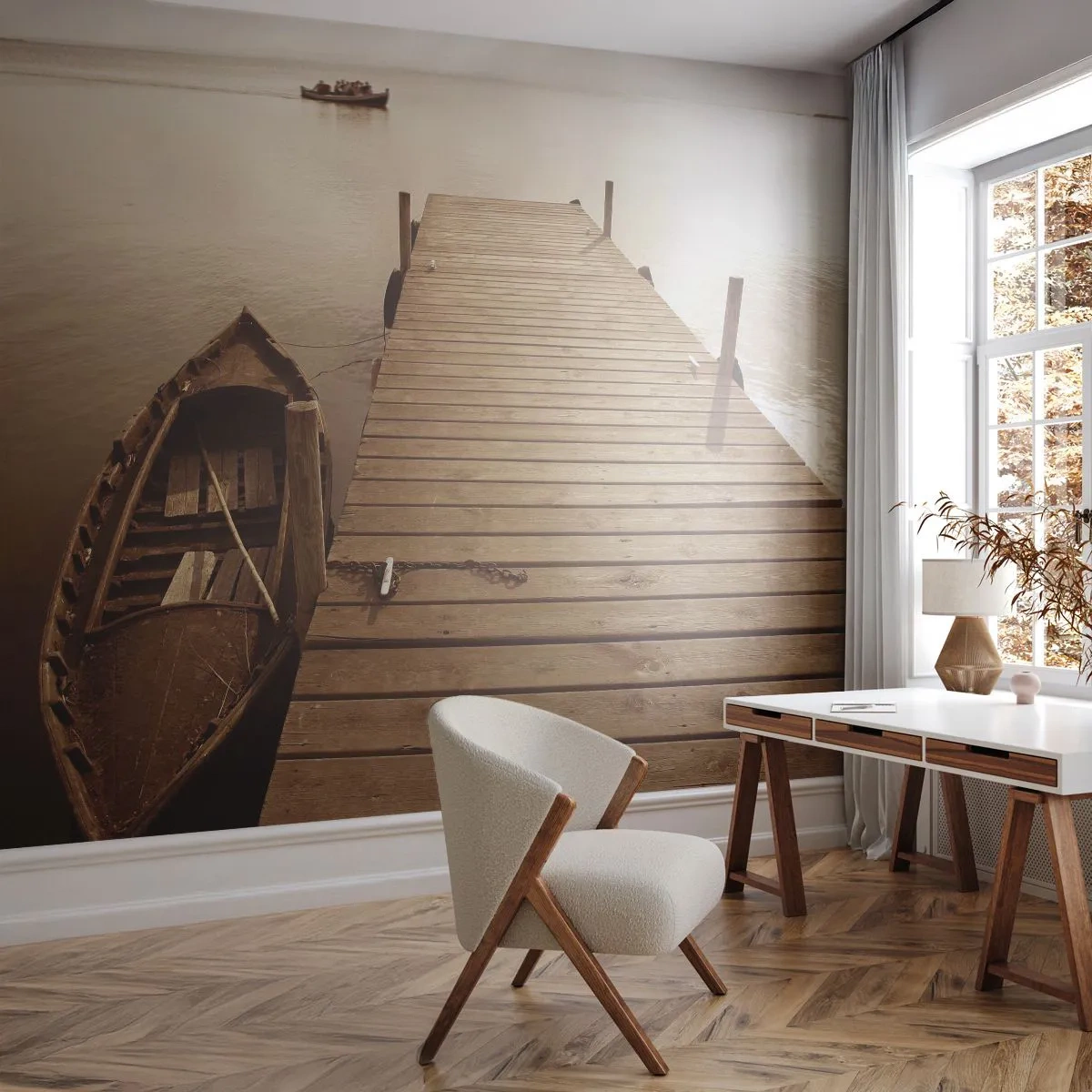 Fototapeta Premium Sand - Drewniany pomost i łódź na spokojnej wodzie w sepii - 100x70cm - Wielki spokój - Nowoczesna dekoracja ścienna do salonu, kuchni i sypialni ARTTOR