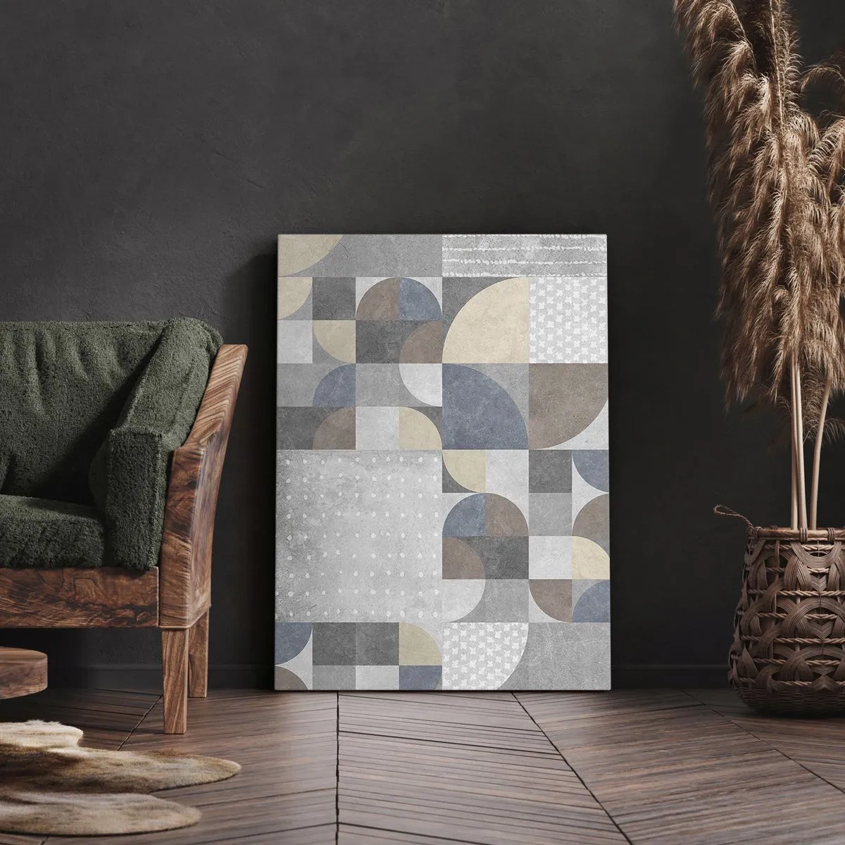 Obraz na płótnie - Geometryczne figury w odcieniach szarości, beżu i niebieskiego - 50x70cm - Ceramiczna fantazja - Nowoczesna dekoracja ścienna do salonu, kuchni i sypialni ARTTOR