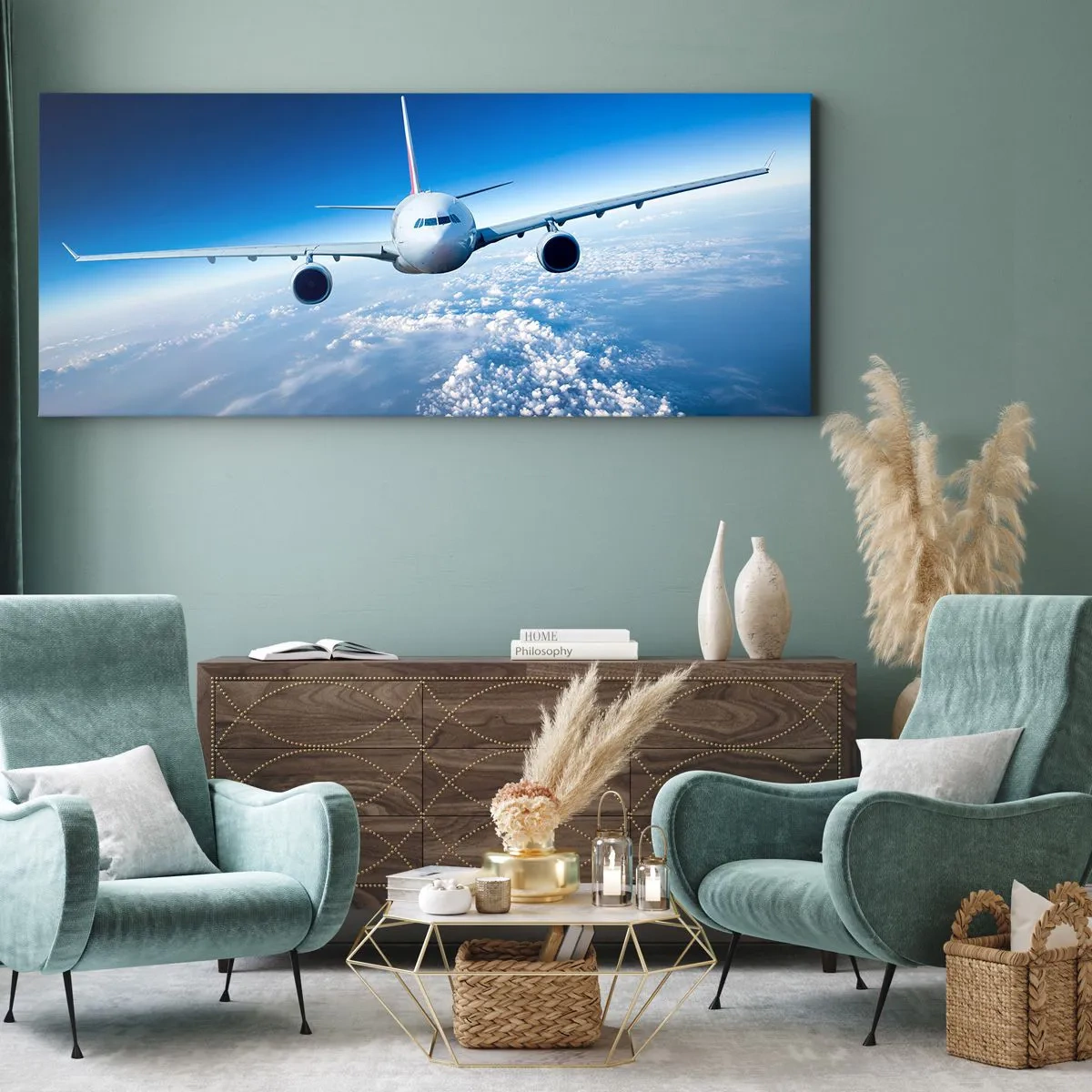 Obraz na płótnie - Samolot lecący nad chmurami na tle błękitnego nieba - 120x50cm - Lecę bo chę - Nowoczesna dekoracja ścienna do salonu i sypialni ARTTOR