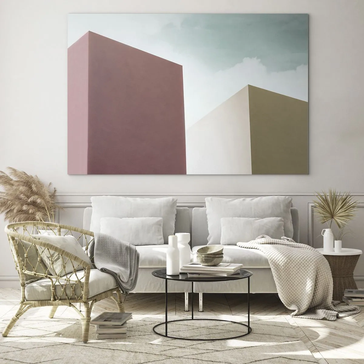 Obraz na szkle - Geometryczne budynki w pastelowych kolorach - 70x50cm - Geometria słonecznego lata - Nowoczesna dekoracja ścienna do salonu i sypialni ARTTOR