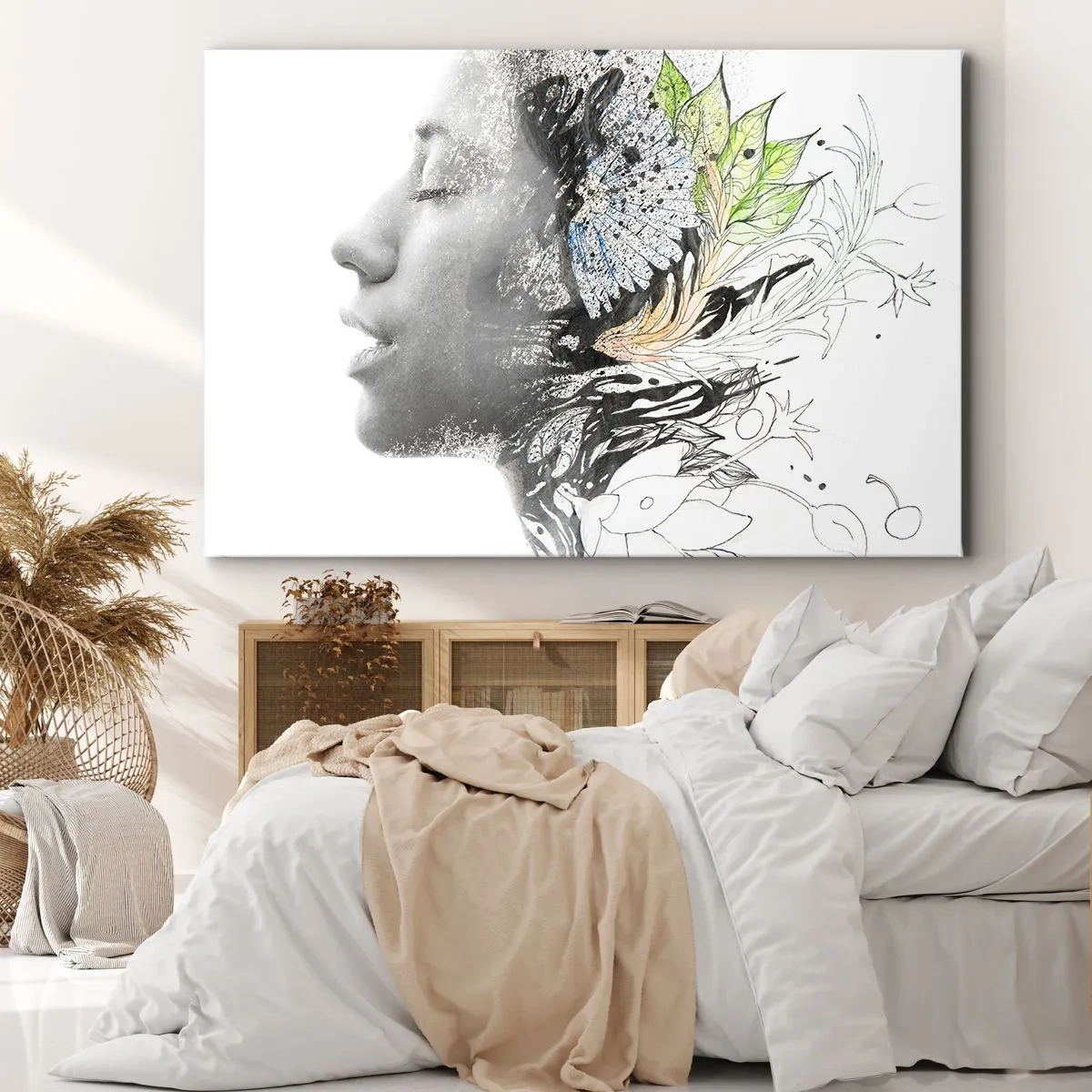 Obraz na płótnie - Profil kobiety w artystycznym kolażu natury i czerni - 70x50cm - Zanurzona w naturze - Nowoczesna dekoracja ścienna do salonu i sypialni ARTTOR