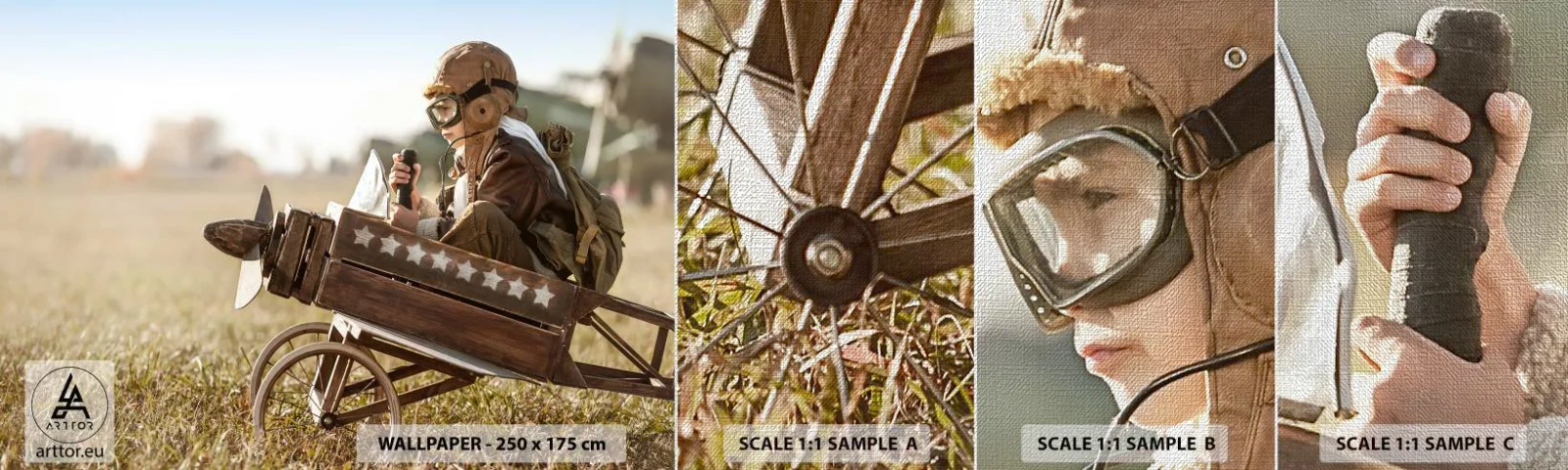 Fototapeta Próbka Premium Canvas - Start ku marzeniu - Chłopiec, Samolot, Vintage - 100x30 cm