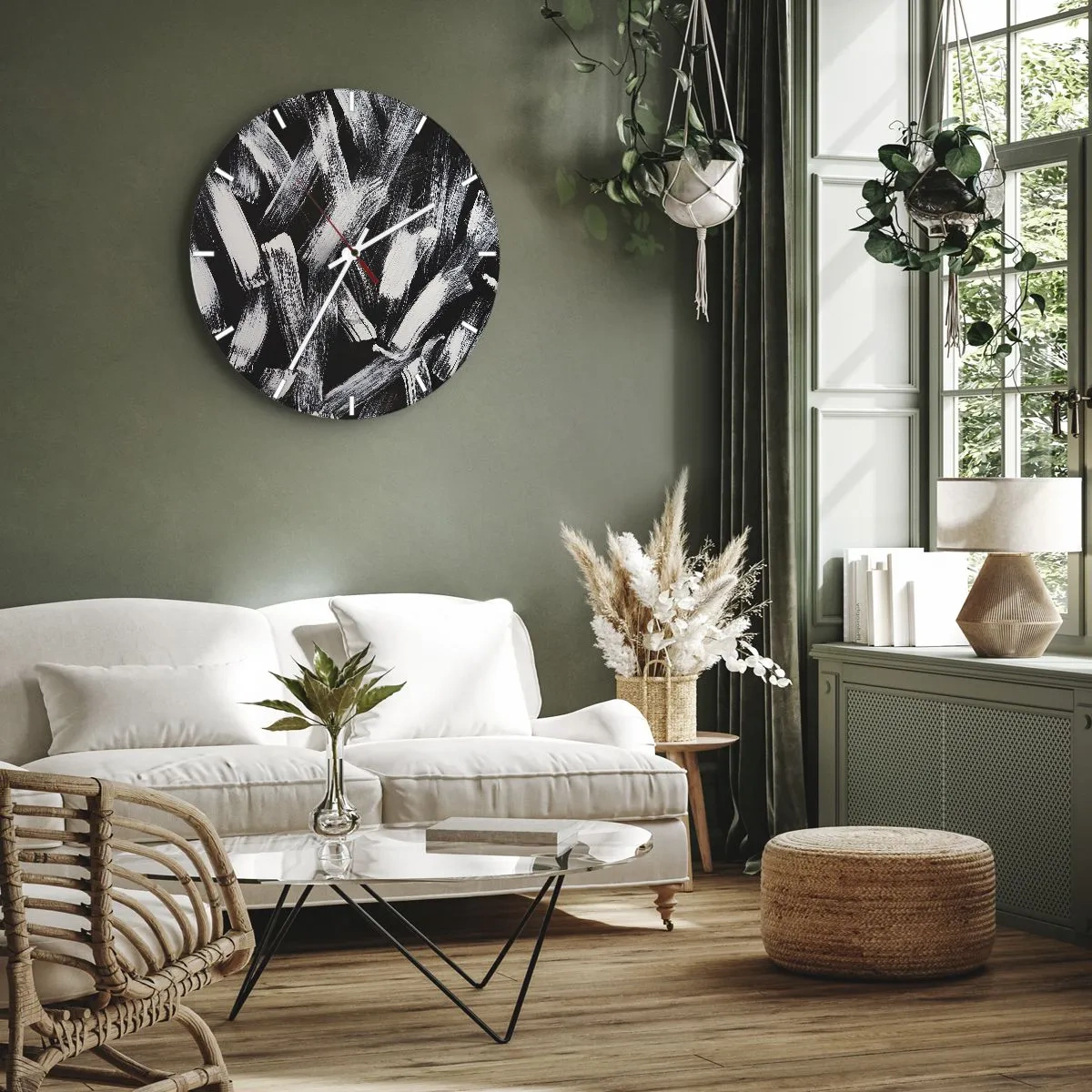Zegar ścienny - Białe pociągnięcia pędzla na czarnym tle w stylu industrialnym - 30x30cm - Abstrakcja w duchu industrialnym - Nowoczesna dekoracja ścienna do salonu, kuchni i sypialni ARTTOR