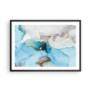 Plakat w czarnej ramie - Abstrakcja w odcieniach błękitu i złota z subtelnymi liniami - 70x50cm - Studium spotkania szarości z turkusem - Nowoczesna dekoracja ścienna do salonu i sypialni ARTTOR