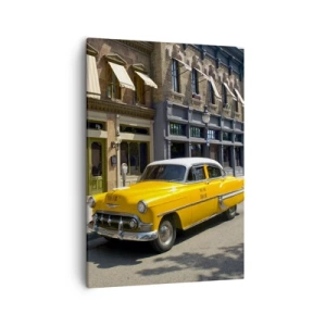 Obraz na płótnie - Żółta taksówka retro na tle kamienic - 50x70cm - Dawno temu w Ameryce - Nowoczesna dekoracja ścienna do salonu, kuchni i sypialni ARTTOR