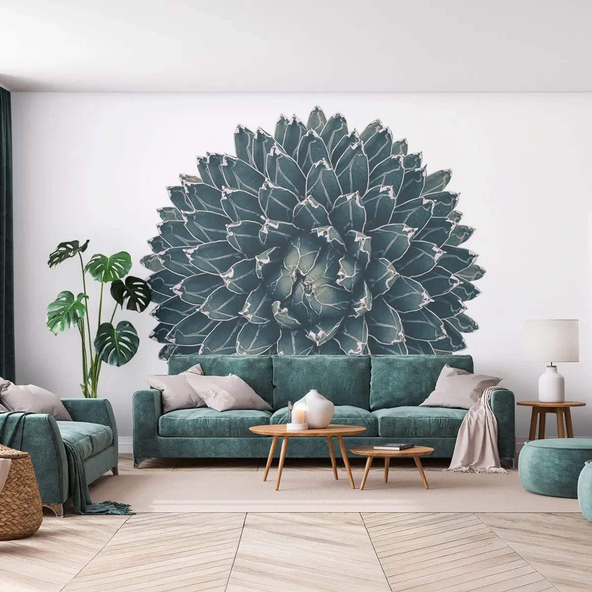 Fototapeta Premium Sand - Symetryczna agawa na białym tle w minimalistycznym stylu - 100x70cm - Gwiazda pustyni - Nowoczesna dekoracja ścienna do salonu, kuchni i sypialni ARTTOR