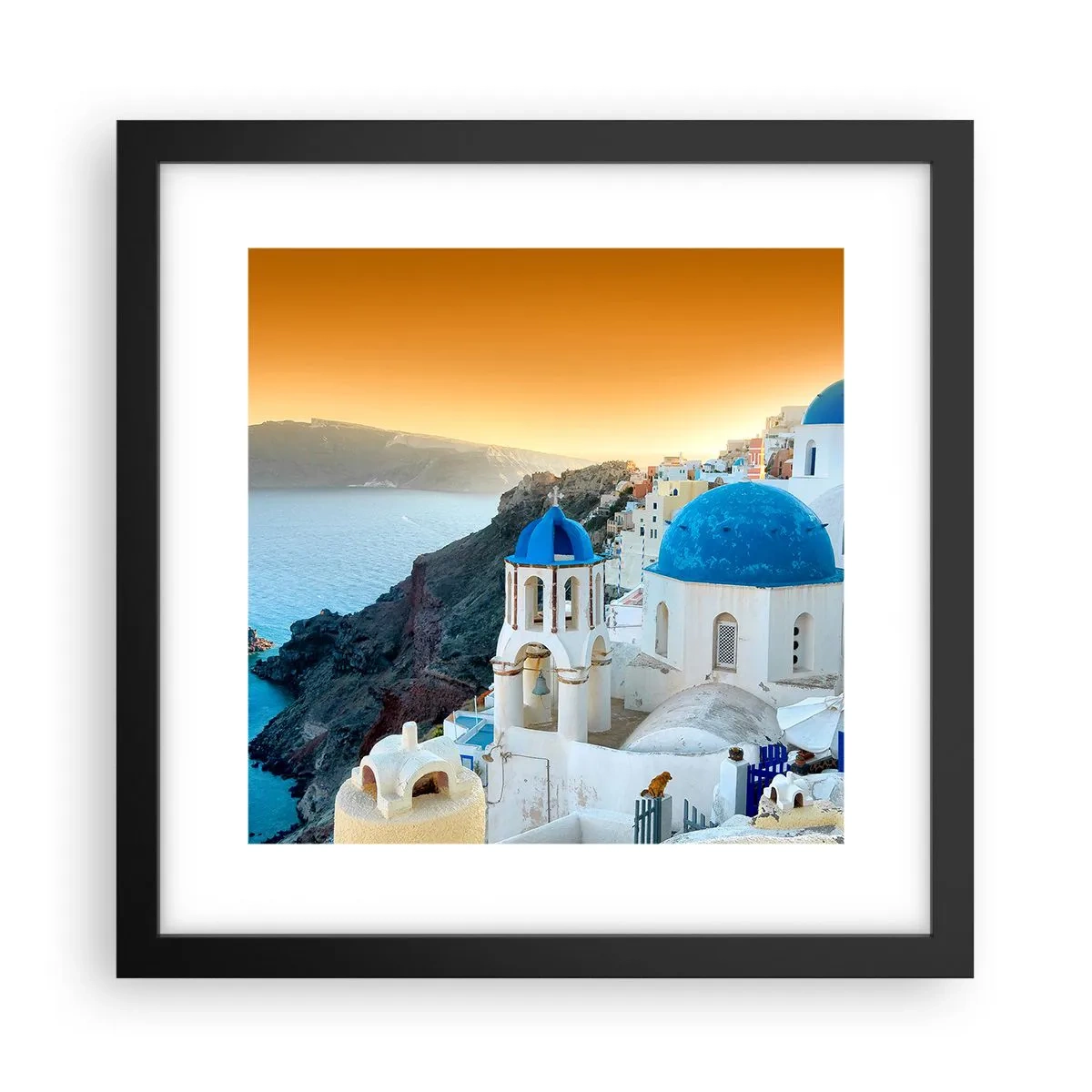 Plakat w czarnej ramie - Santorini - przytulone do skał - 30x30 cm