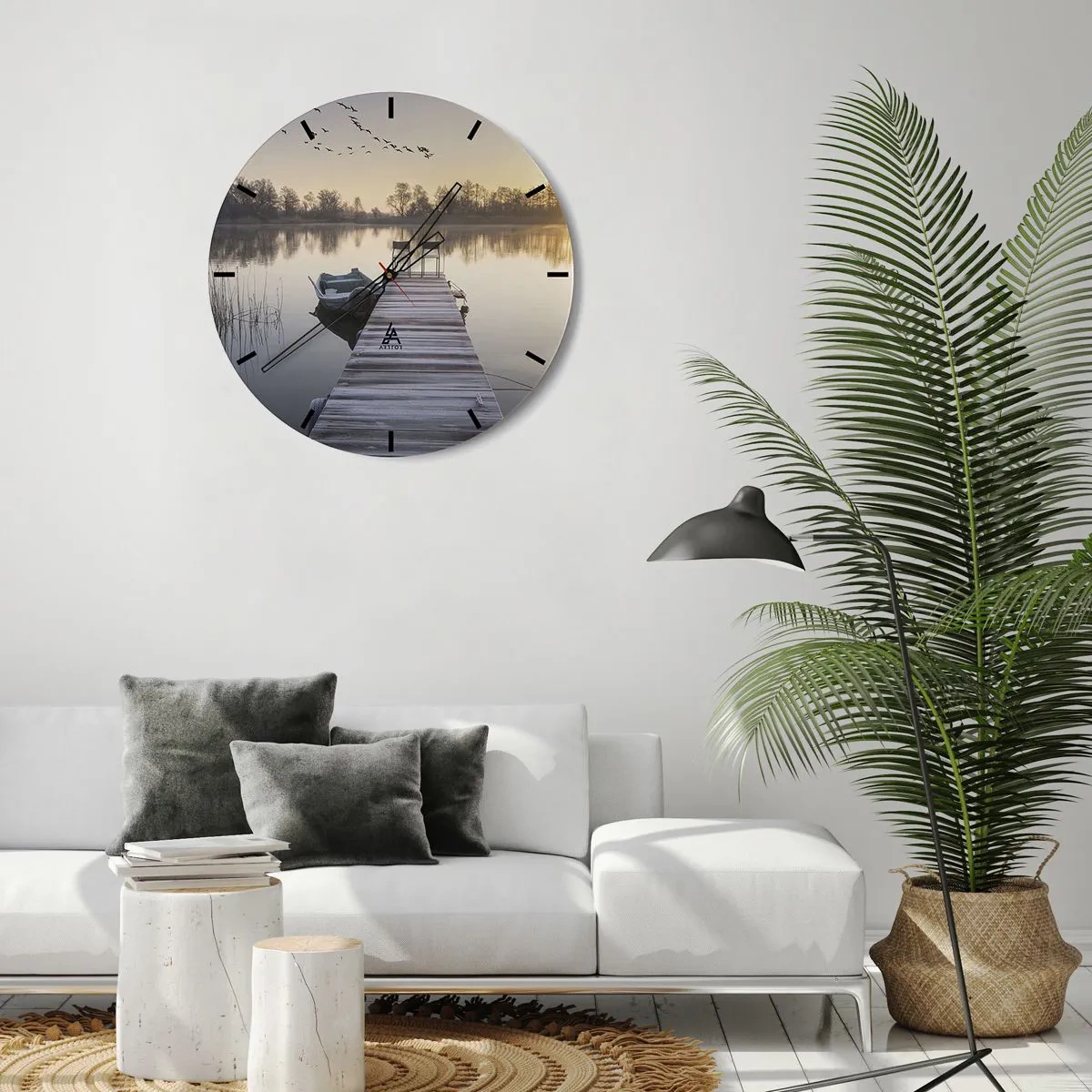 Zegar ścienny - Pomost z łodzią o wschodzie słońca nad jeziorem - 30x30cm - Wrócę za jakiś czas - Nowoczesna dekoracja ścienna do salonu, kuchni i sypialni ARTTOR