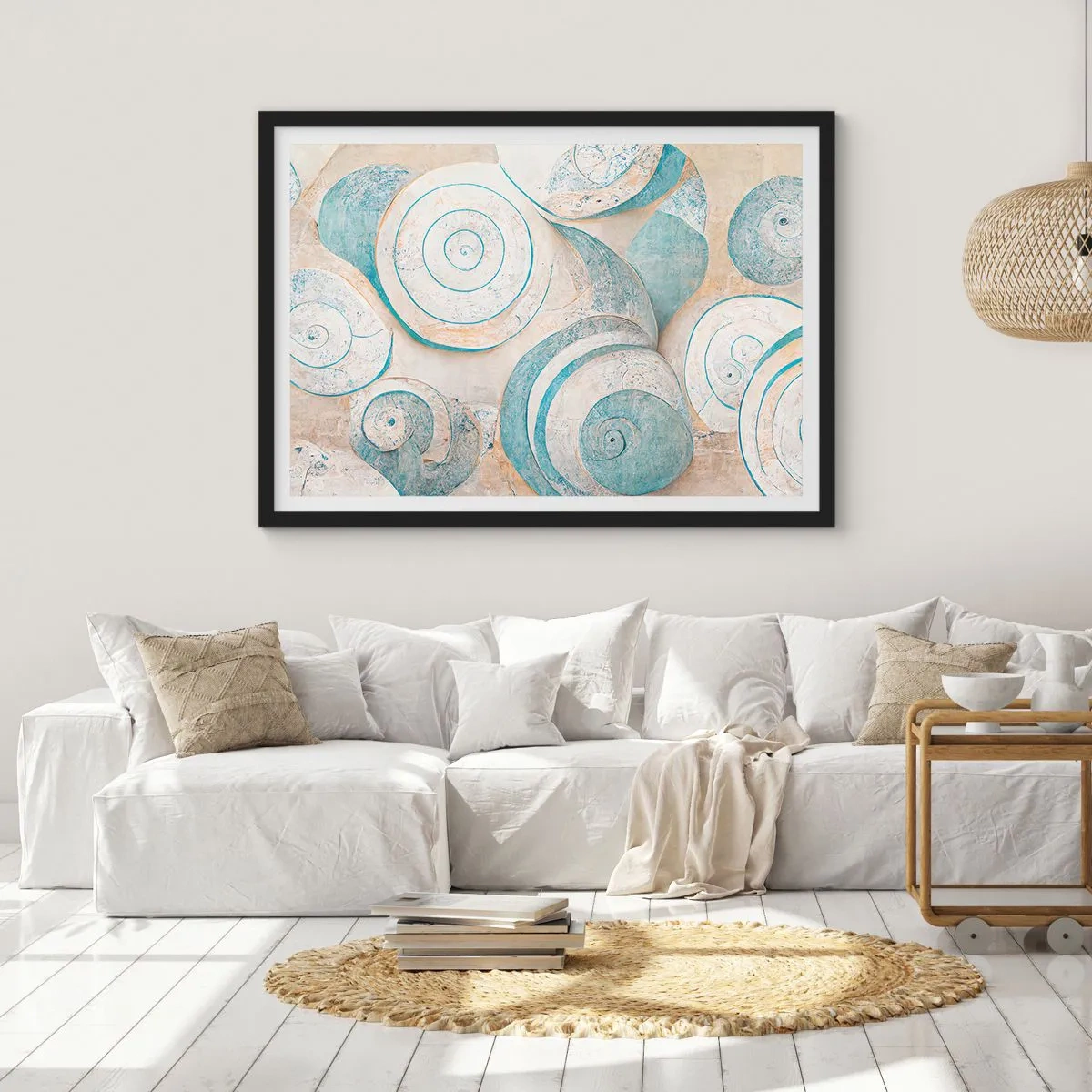 Plakat w czarnej ramie - Abstrakcyjne muszle w pastelowych odcieniach - 100x70cm - Co kryje muszla? - Nowoczesna dekoracja ścienna do salonu i sypialni ARTTOR