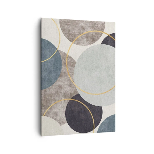 Obraz na płótnie - Geometryczna kompozycja z okręgami w odcieniach szarości, niebieskiego i złota - 50x70cm - Koło za kołem - Nowoczesna dekoracja ścienna do salonu, kuchni i sypialni ARTTOR