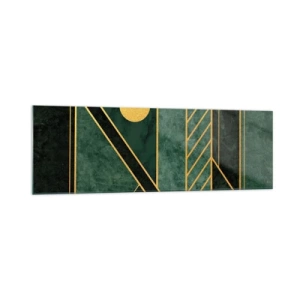 Obraz na szkle - Geometria w zieleni i złocie z eleganckim wzorem - 160x50cm - Dynamika złota i lazuru - Nowoczesna dekoracja ścienna do salonu i sypialni ARTTOR