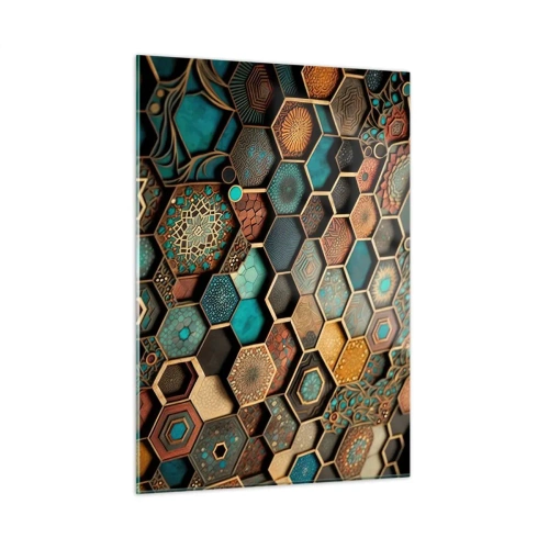 Obraz na szkle - Mozaika z geometrycznych wzorów w orientalnym stylu - 50x70cm - Arabskie ornamenty – wariacja - Nowoczesna dekoracja ścienna do salonu, kuchni i sypialni ARTTOR
