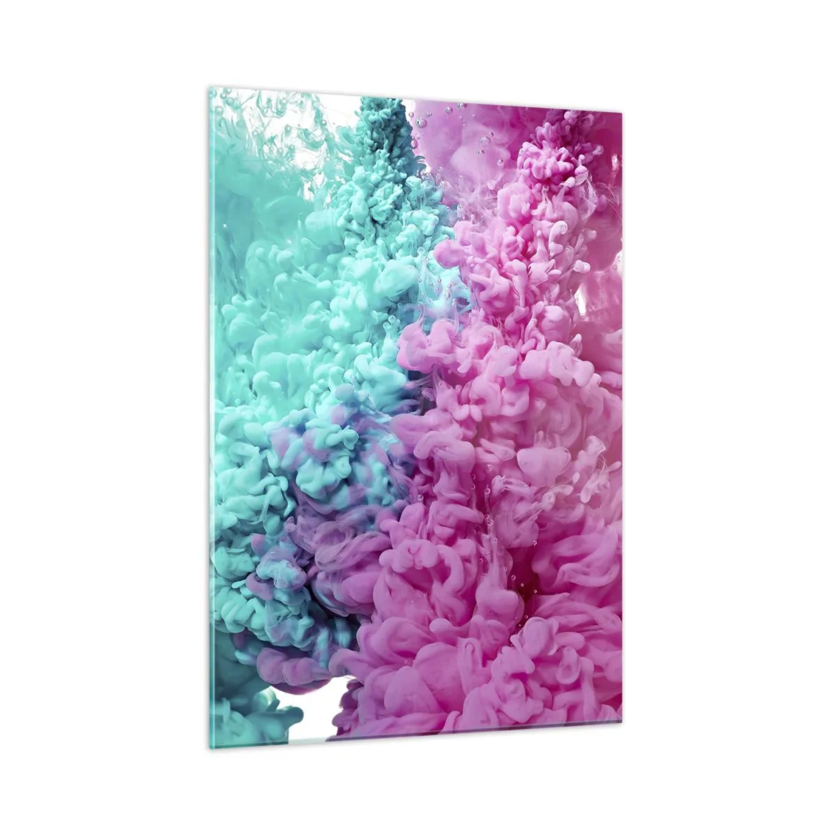 Obraz na szkle - Barwne chmury tuszu w kolorach różowym i turkusowym - 50x70cm - Decydujące starcie - Nowoczesna dekoracja ścienna do salonu, kuchni i sypialni ARTTOR