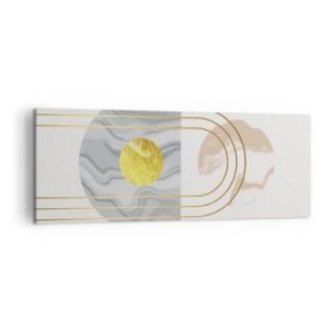 Obraz na płótnie - Abstrakcyjna kompozycja z okręgami i złotymi liniami na jasnym tle - 140x50cm - Jasność i blask - Nowoczesna dekoracja ścienna do salonu i sypialni ARTTOR