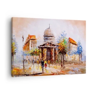 Obraz na płótnie - Impresjonistyczna scena miasta z zabytkowym budynkiem - 70x50cm - Paryski spacer - Nowoczesna dekoracja ścienna do salonu i sypialni ARTTOR