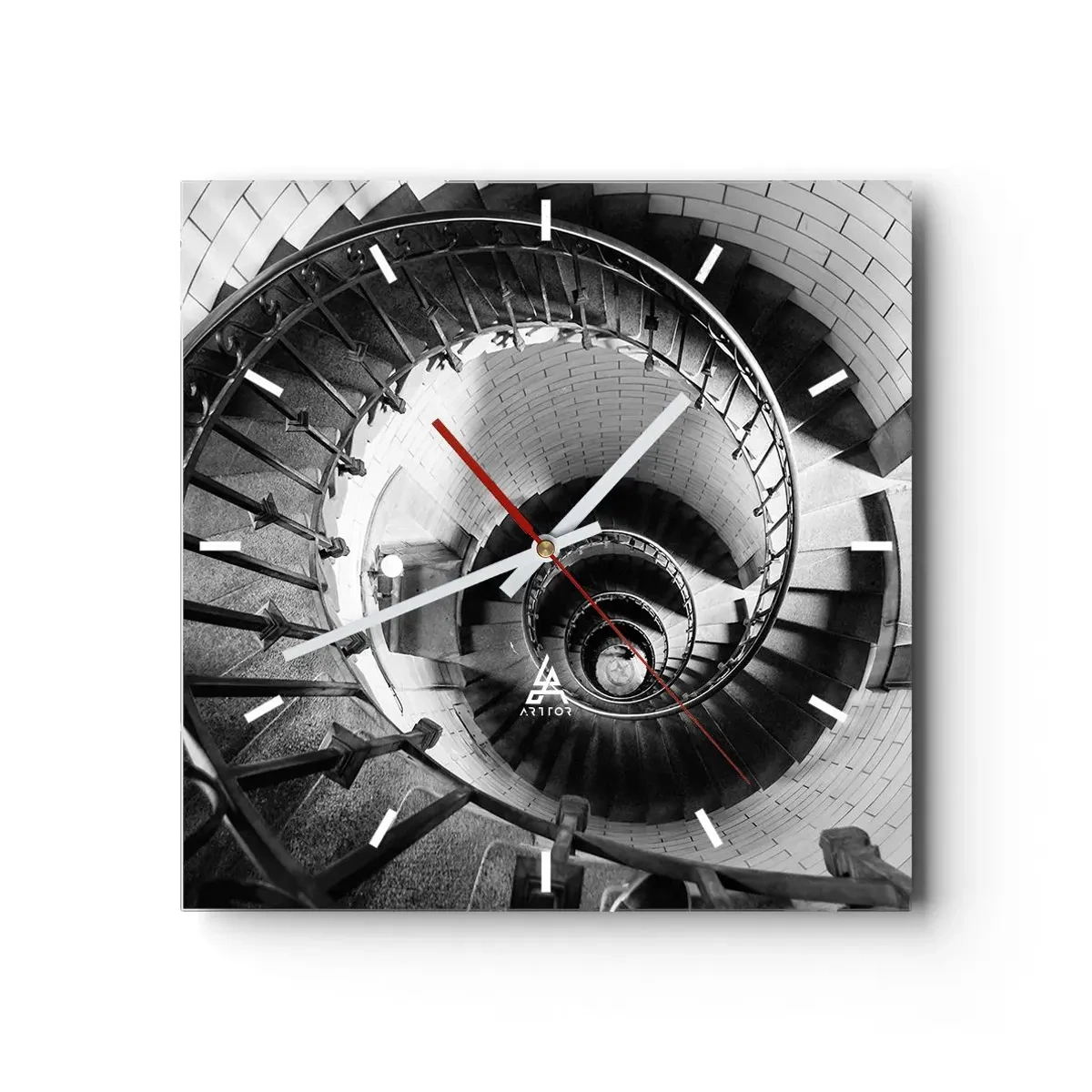 Zegar ścienny - Czarno-biała fotografia spiralnych schodów z perspektywą z góry - 30x30cm - Wyżej i wyżej - Nowoczesna dekoracja ścienna do salonu i sypialni ARTTOR