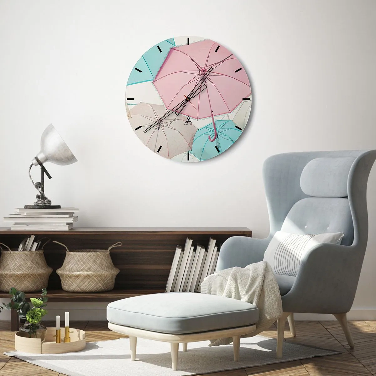 Zegar ścienny - Parasole w pastelowych kolorach - 30x30cm - Czasem słońce, czasem deszcz - Nowoczesna dekoracja ścienna do salonu, kuchni i sypialni ARTTOR