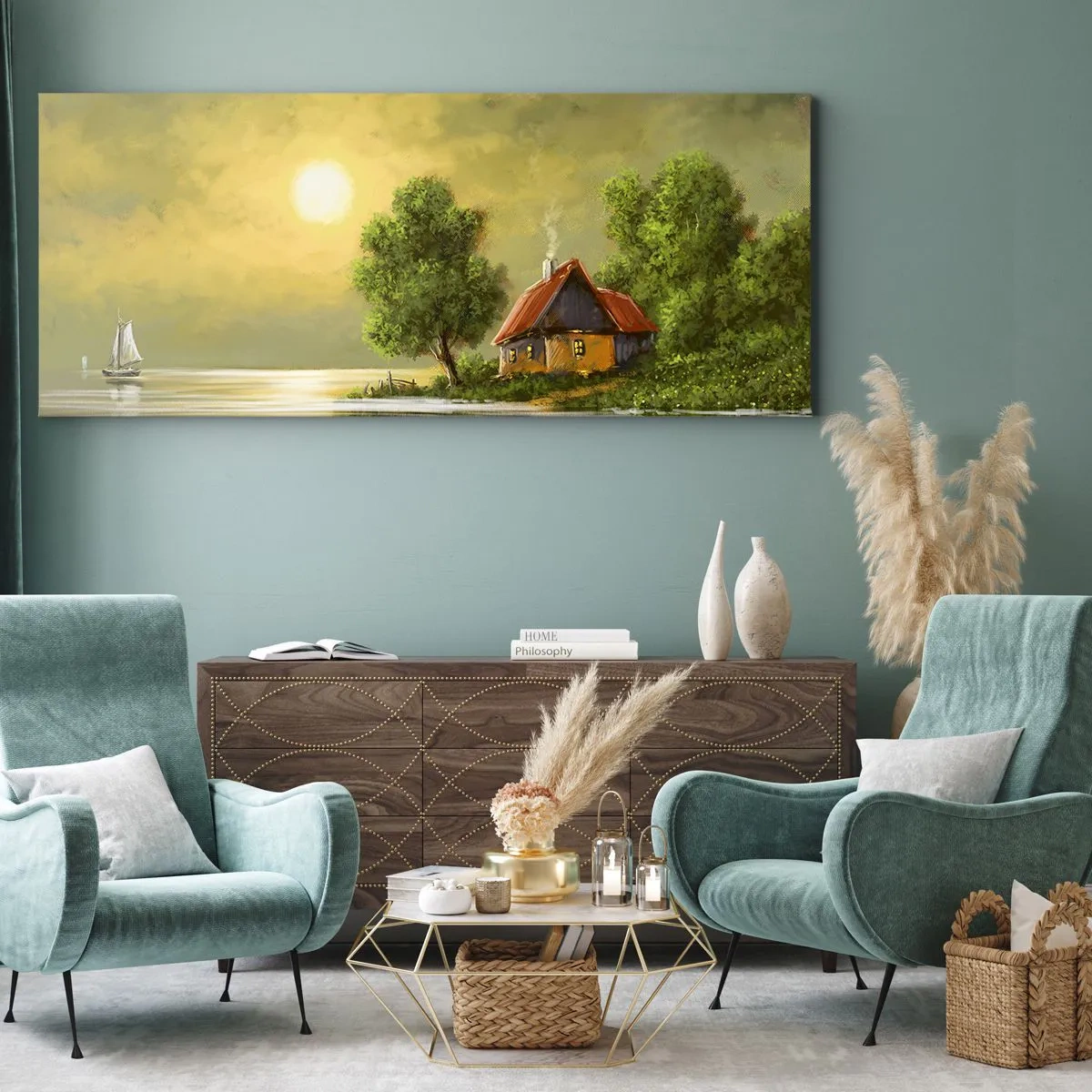 Obraz na płótnie - Dom nad jeziorem w świetle zachodzącego słońca - 120x50cm - Pięknie, jak z obrazka - Nowoczesna dekoracja ścienna do salonu i sypialni ARTTOR