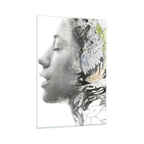 Obraz na szkle - Profil kobiety w artystycznym kolażu natury i czerni - 70x100cm - Zanurzona w naturze - Nowoczesna dekoracja ścienna do salonu i sypialni ARTTOR