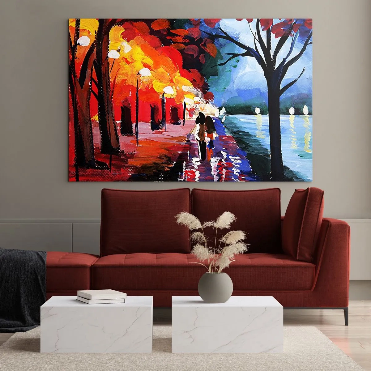 Obraz na szkle - Para spacerująca w kolorowym parku wieczorem - 70x50cm - Płomienna jesień w parku - Nowoczesna dekoracja ścienna do salonu i sypialni ARTTOR