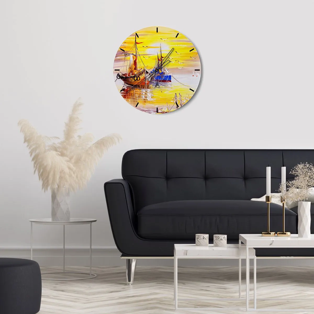 Zegar ścienny - Malownicze żaglówki o zachodzie słońca - 30x30cm - Zasłużony odpoczynek w porcie - Nowoczesna dekoracja ścienna do salonu, kuchni i sypialni ARTTOR
