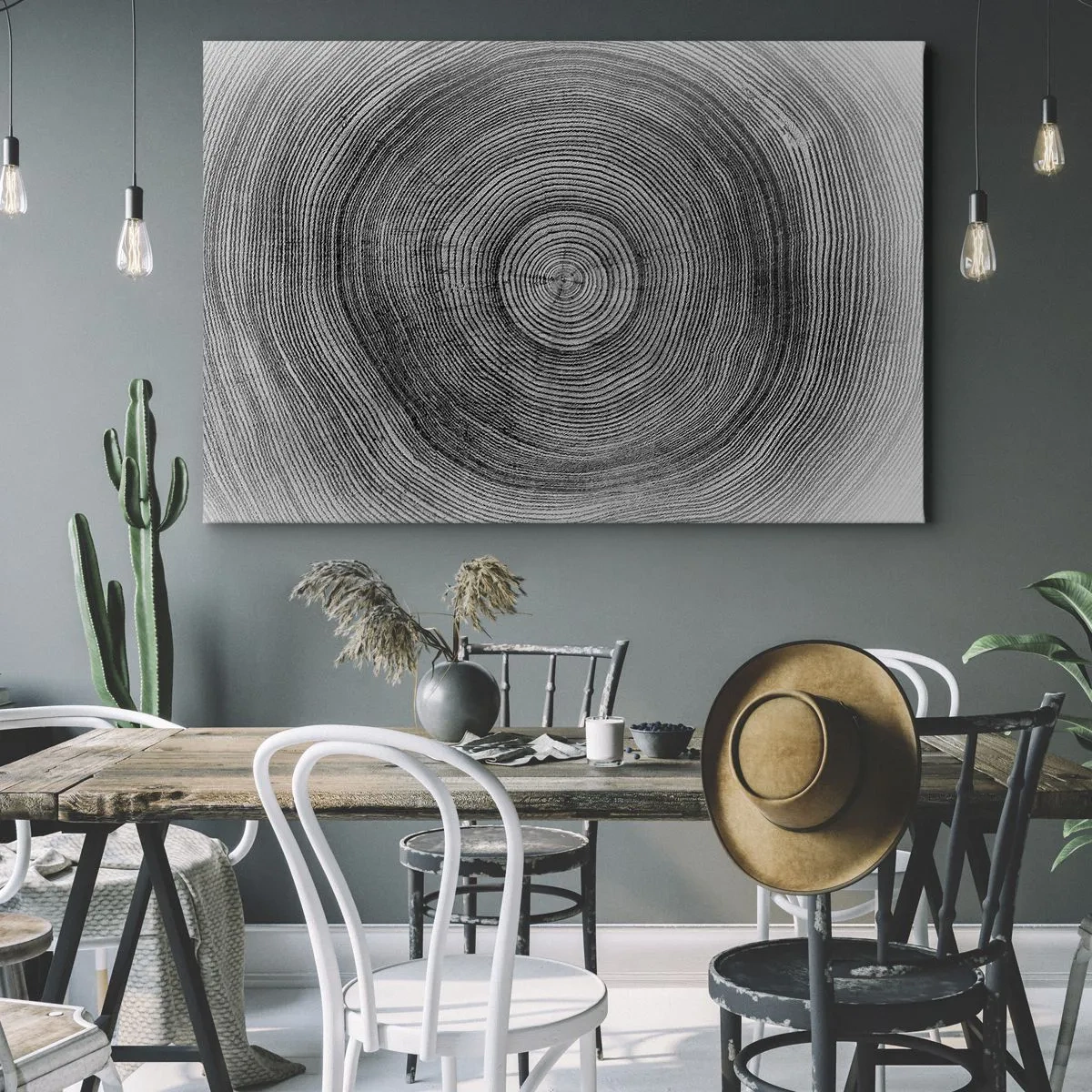 Obraz na płótnie - Czarno-biały wzór słoja drzewa ukazujący przekrój pnia - 70x50cm - Znak czasu - Nowoczesna dekoracja ścienna do salonu i sypialni ARTTOR