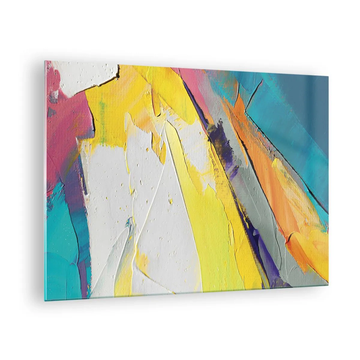 Obraz na szkle - Abstrakcyjne pociągnięcia pędzla w żółci, błękicie i bieli - 70x50cm - Anatomia światła - Nowoczesna dekoracja ścienna do salonu i sypialni ARTTOR