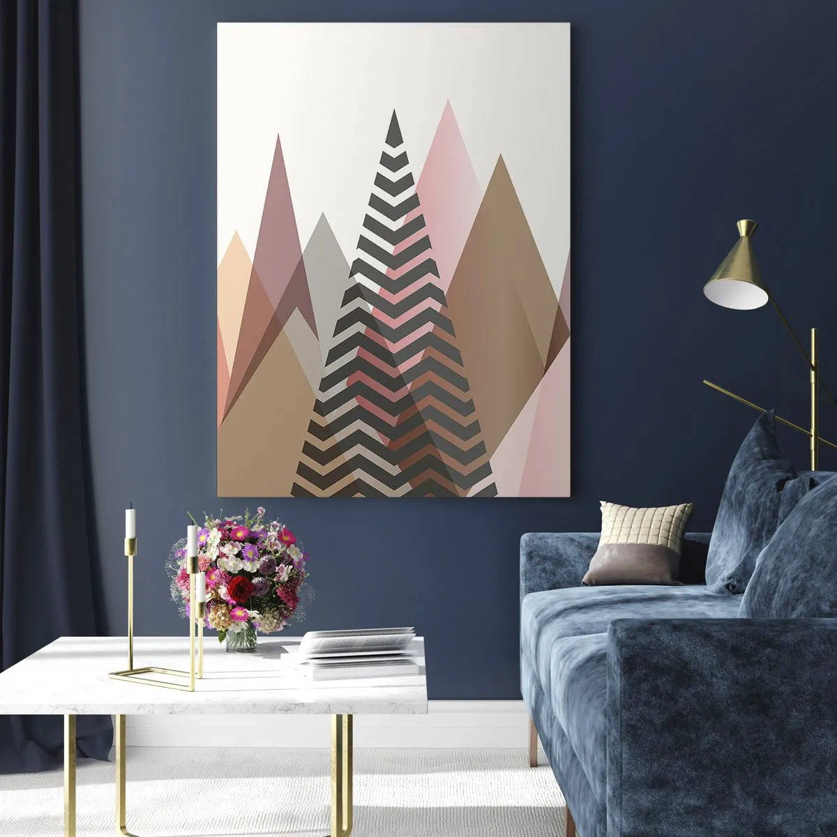 Obraz na szkle - Geometryczne pastelowe góry z centralnym wzorem - 50x70cm - Piramidalny widok - Nowoczesna dekoracja ścienna do salonu, kuchni i sypialni ARTTOR