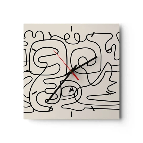 Zegar ścienny - Abstrakcyjny wzór line art w czerni na jasnym tle - 30x30cm - Po śladzie - Nowoczesna dekoracja ścienna do salonu i sypialni ARTTOR