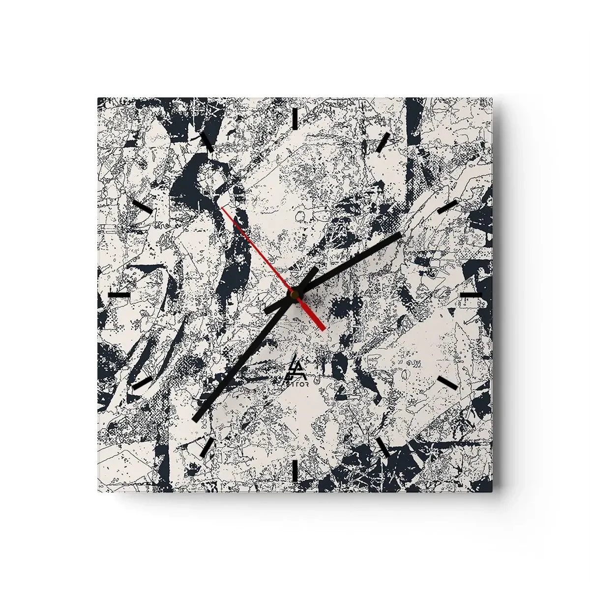 Zegar ścienny - Abstrakcyjna kompozycja w czerni i bieli z dynamicznym układem - 30x30cm - Przenikanie przeciwieństw - Nowoczesna dekoracja ścienna do salonu i sypialni ARTTOR