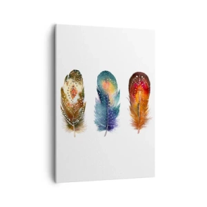 Obraz na płótnie - Trzy kolorowe pióra ozdobione wzorami na białym tle - 50x70cm - Rytuały, obrzędy, tajemnice - Nowoczesna dekoracja ścienna do salonu, kuchni i sypialni ARTTOR