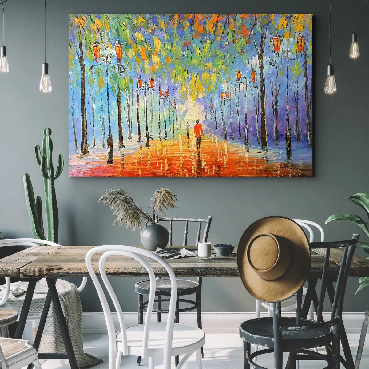 Obraz na płótnie - Malowniczy spacer wśród latarni w deszczową noc - 70x50cm - Nocna piosenka deszczu - Nowoczesna dekoracja ścienna do salonu i sypialni ARTTOR