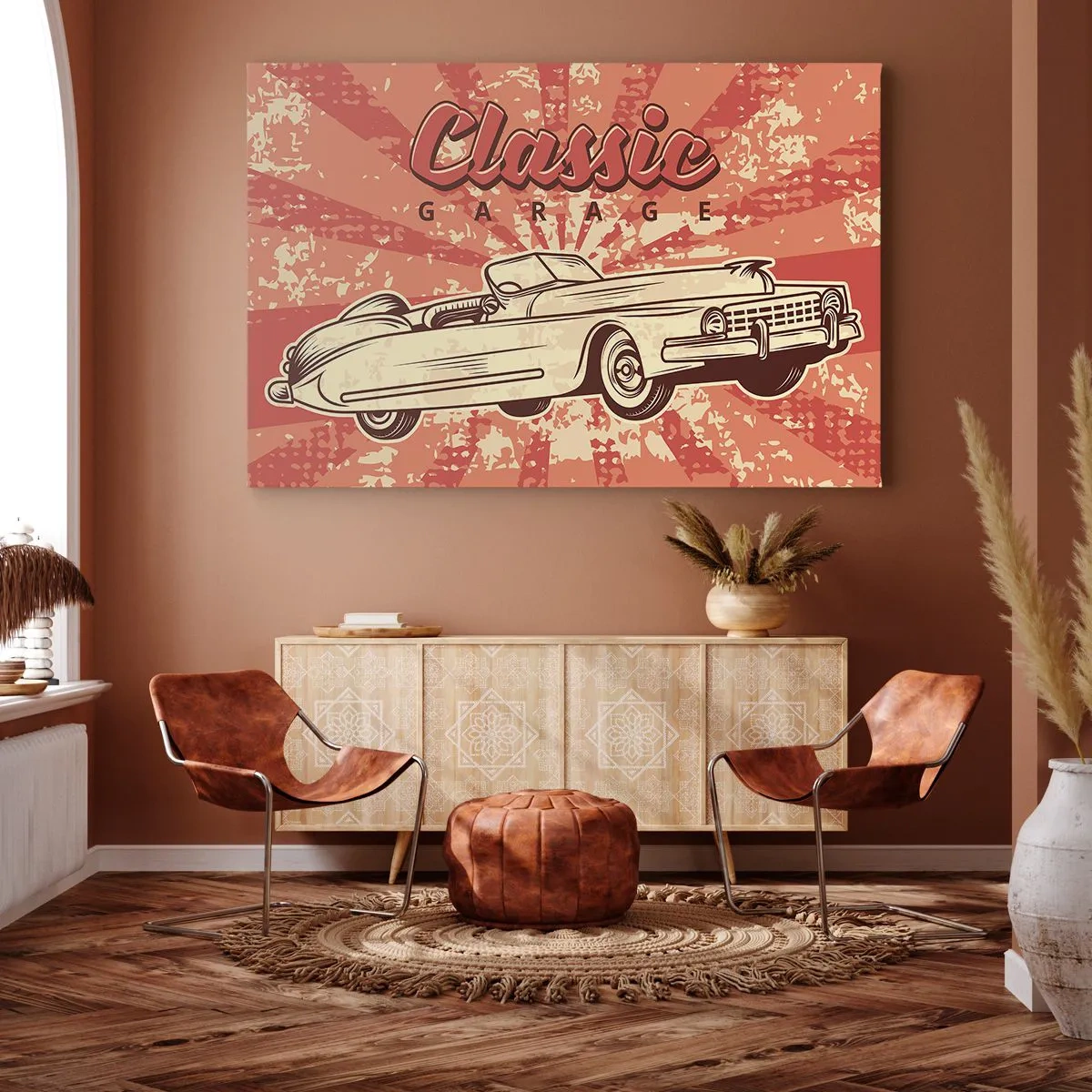 Obraz na płótnie - Retro plakat z klasycznym samochodem i napisem Classic Garage - 120x80cm - A w radiu Elvis - Nowoczesna dekoracja ścienna do salonu, kuchni i sypialni ARTTOR