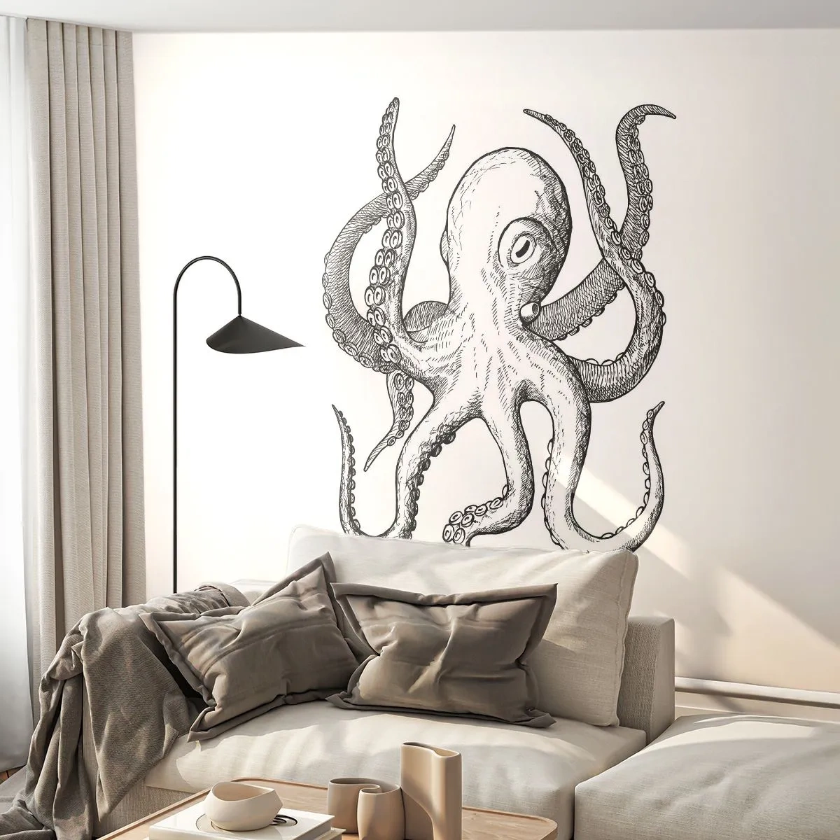 Fototapeta Samoprzylepna Deluxe Sticker - Tańcząca z falami - Ośmiornica, Rysunek, Nadmorski - 300x210 cm