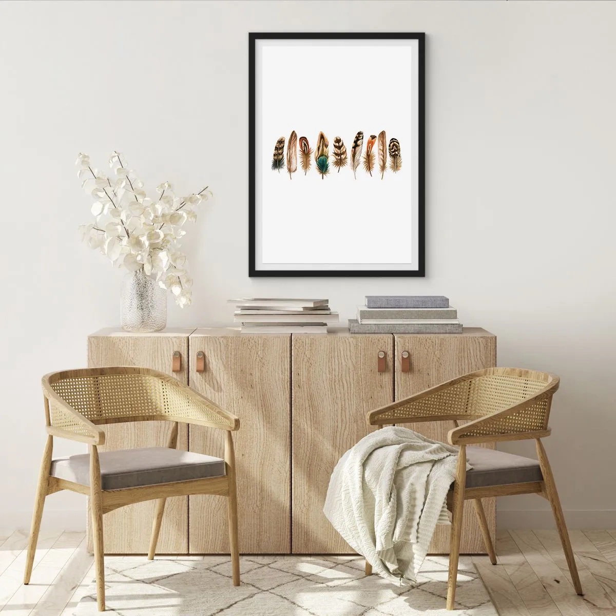 Plakat w czarnej ramie - Kolorowe pióra w rzędzie - 50x70cm - Pierzasta wariacja - Nowoczesna dekoracja ścienna do salonu i sypialni ARTTOR