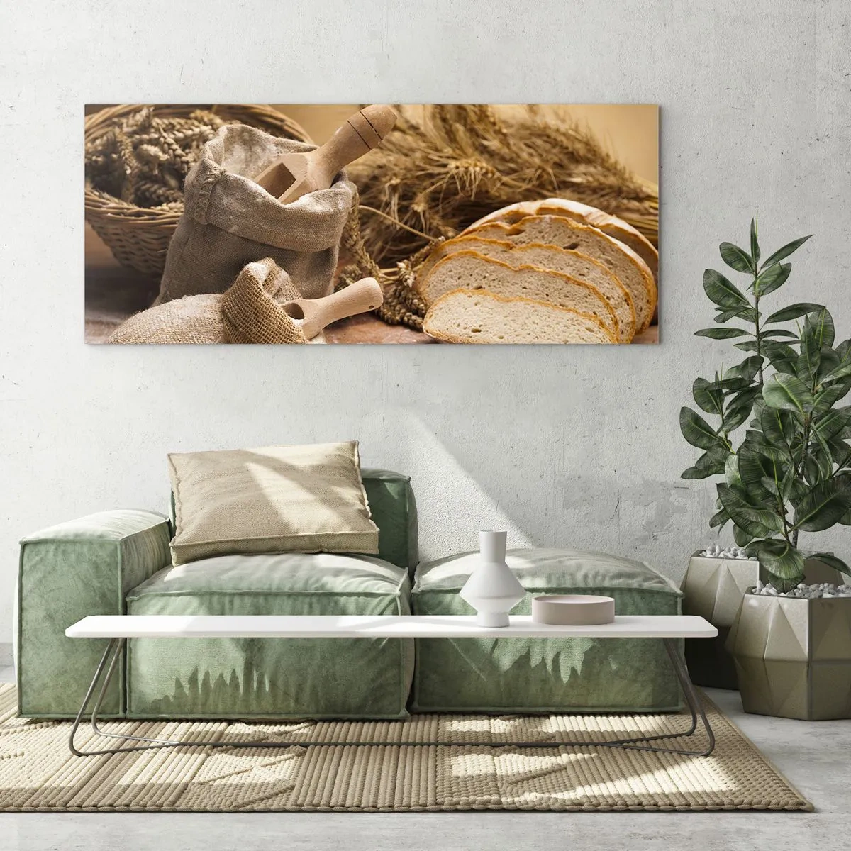 Obraz na szkle - Krajobraz z chlebem, mąką i kłosami zbóż w rustykalnym stylu - 120x50cm - Jak nożem uciął - Nowoczesna dekoracja ścienna do salonu i sypialni ARTTOR