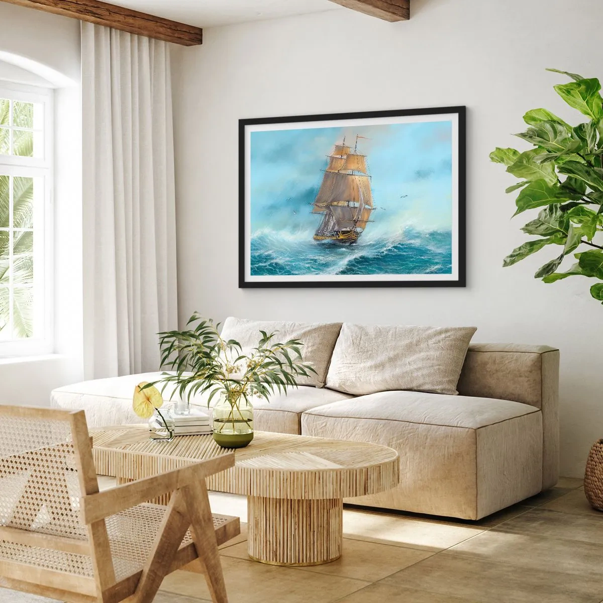 Plakat w czarnej ramie - Statek żaglowy na wzburzonym morzu - 70x50cm - Mknący po falach - Nowoczesna dekoracja ścienna do salonu i sypialni ARTTOR